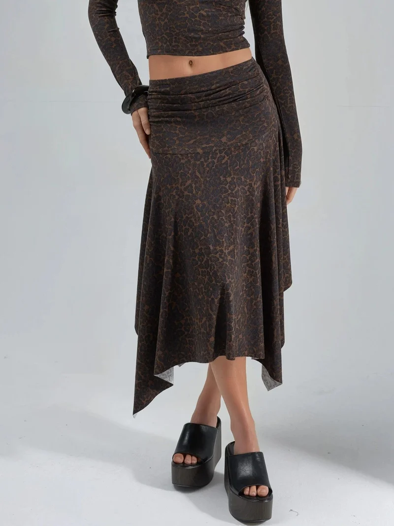 بوسيم BUSEM High Waist Leopard Print Asymmetrical Midi Skirt